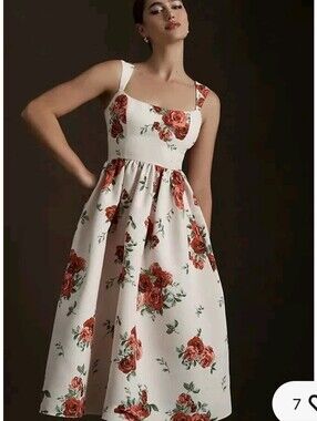 Sachin + Babi Cream Midi Dress with Red Rose Print